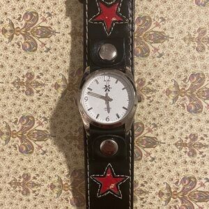 X Fly Black Leather Watch with Red Star Accents in band